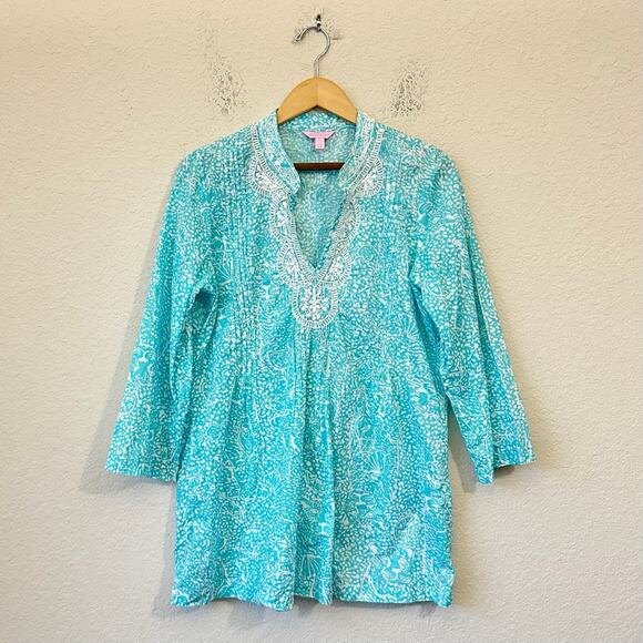 LILLY PULITZER Sarasota Tunic Top Aquamarine Blue Abstract Beaded Boho - Picture 1 of 12